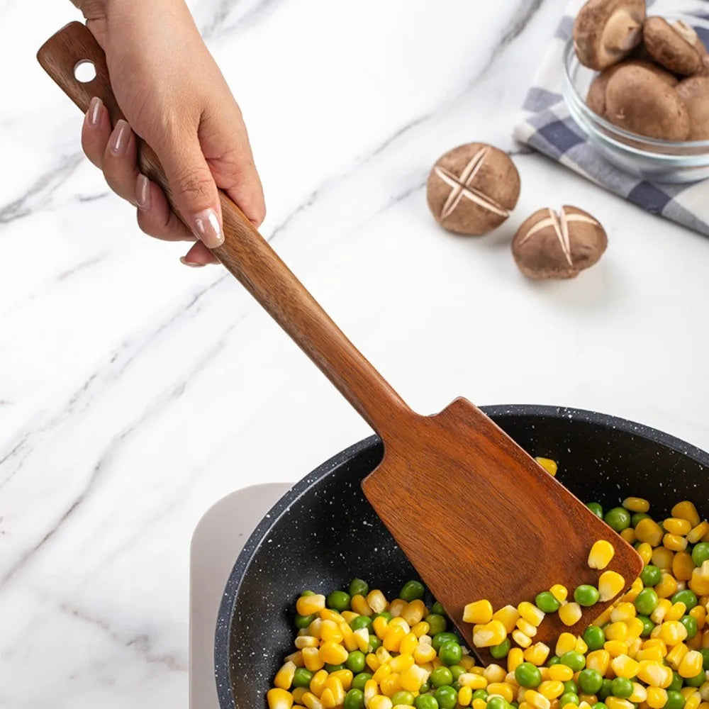 34cm Solid Wood Cooking Spatula Turners Long Handle Shovel Non-Stick Stir Fry Spatula Fried Egg Leak Shovel Kitchen Accessories