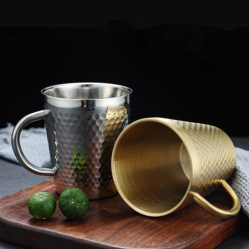 Gold 304 Stainless Steel Beer Mug Water Cups with Handle Coffee Milk Juice Mugs Summer Bar Tool Anti-scalding for Kitchen Drink