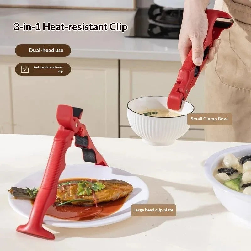 Three-in-One Heat Resistant Silicone Tongs with Non-Slip Grip for Bowls Plates Dishes, Kitchen Utensil Gadget Safe Lifting Tool