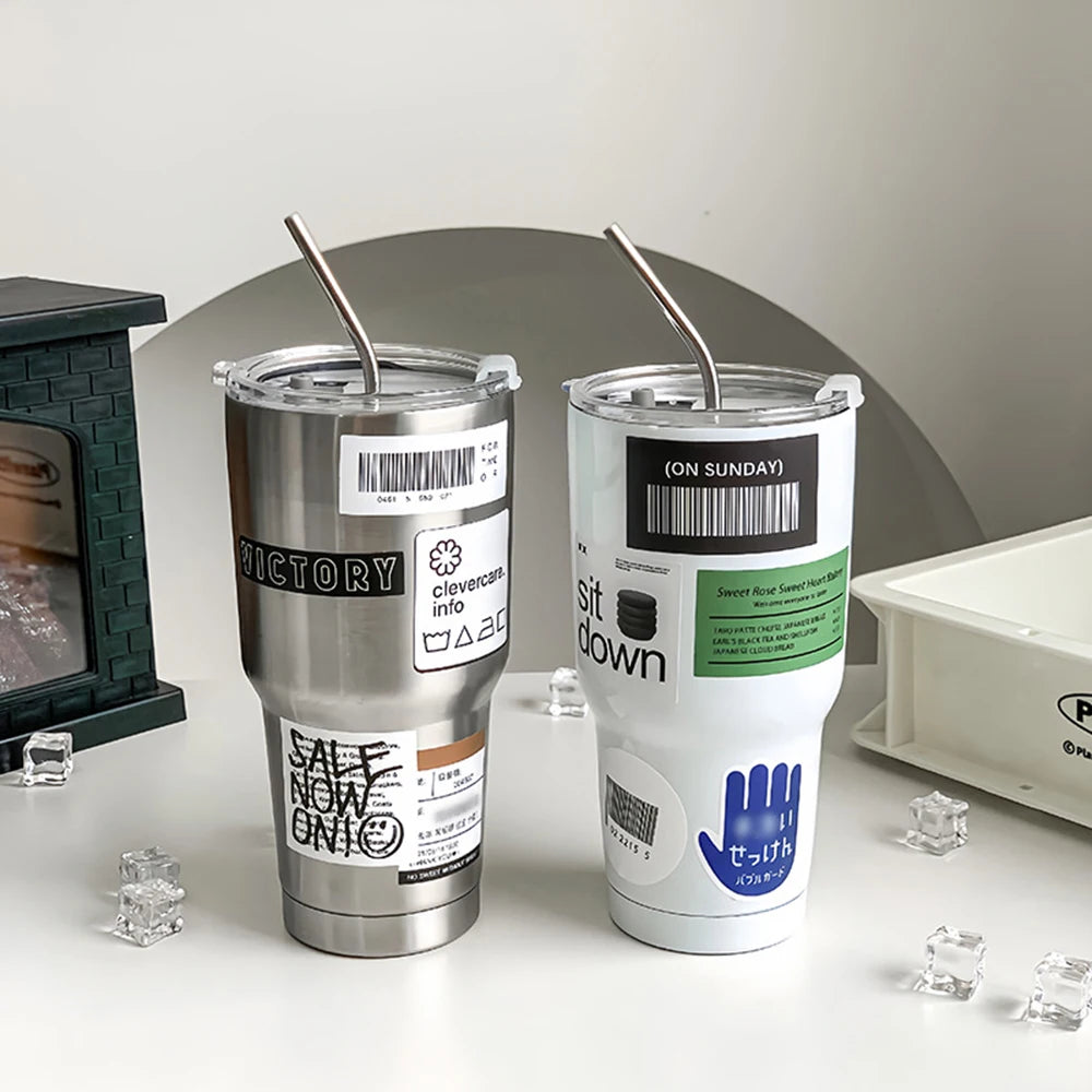 Stainless Steel Portable Coffee Cup With Lid And Straw, Hot And Cold Spill-Proof Travel Cup, Suitable For Cars, Daily, Travel