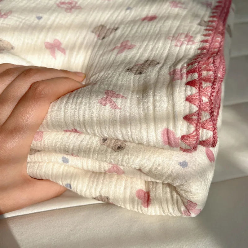 Korean Pure Cotton Multi-Purpose Blanket Cartoon Casual Shawl for Travel Airplane Kids Adults Air Conditioning Blanket for Home