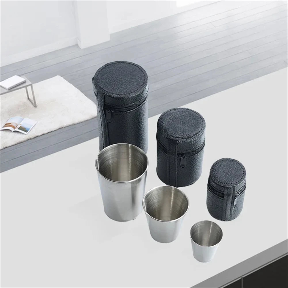 4pcs/Set Stainless Steel Cups with Storage Bag Metal Drinking Cups Stackable Water Tumblers 30ml/70ml/170ml for Outdoor Travel