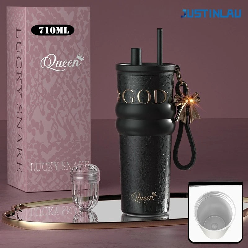 JUSTINLAU 710ML Goddess Style Aurora Insulated Cup Ceramic Coated Straw Cup Fashionable Drawstring Pendant Light Luxury Gift Cup