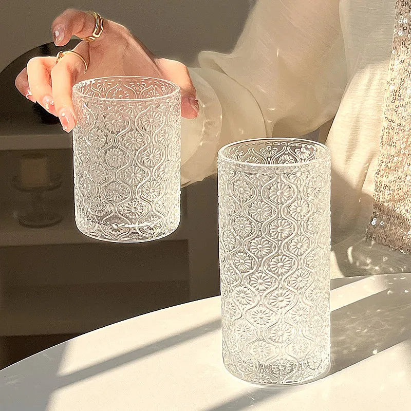 Begonia carved glass simple ice American latte coffee cup milk drink cup household water cup suitable for restaurants and coffee