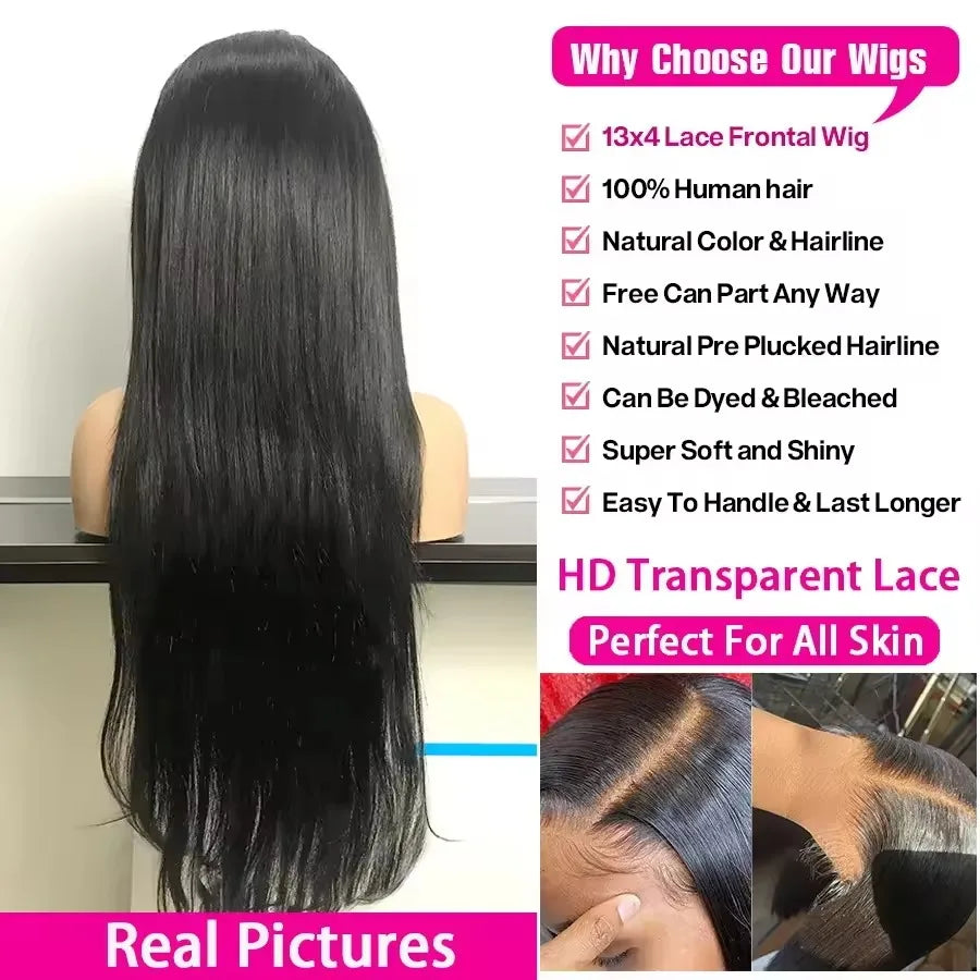 30 40 Inches Bone Straight Human Hair Wig Brazilian Pre Plucked Hair 13X4 13X6 HD Transparent Lace Frontal Wigs For Black Women