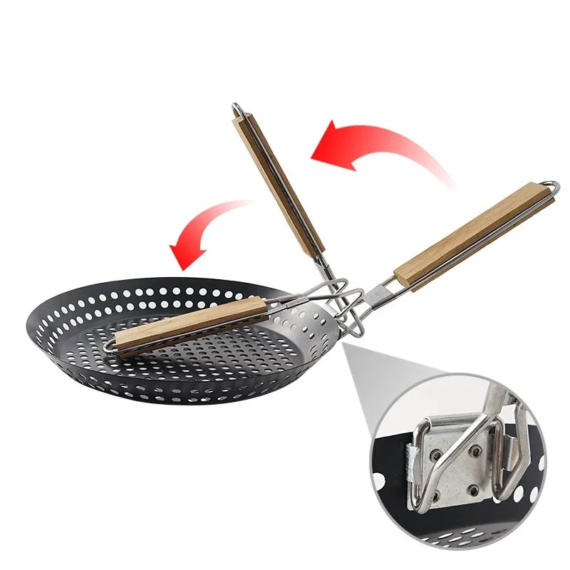 Round Hollowed-out Wooden Handle Barbecue Plate Outdoor Vegetable Barbecue Plate Outdoor Portable BBQ Grill Pan