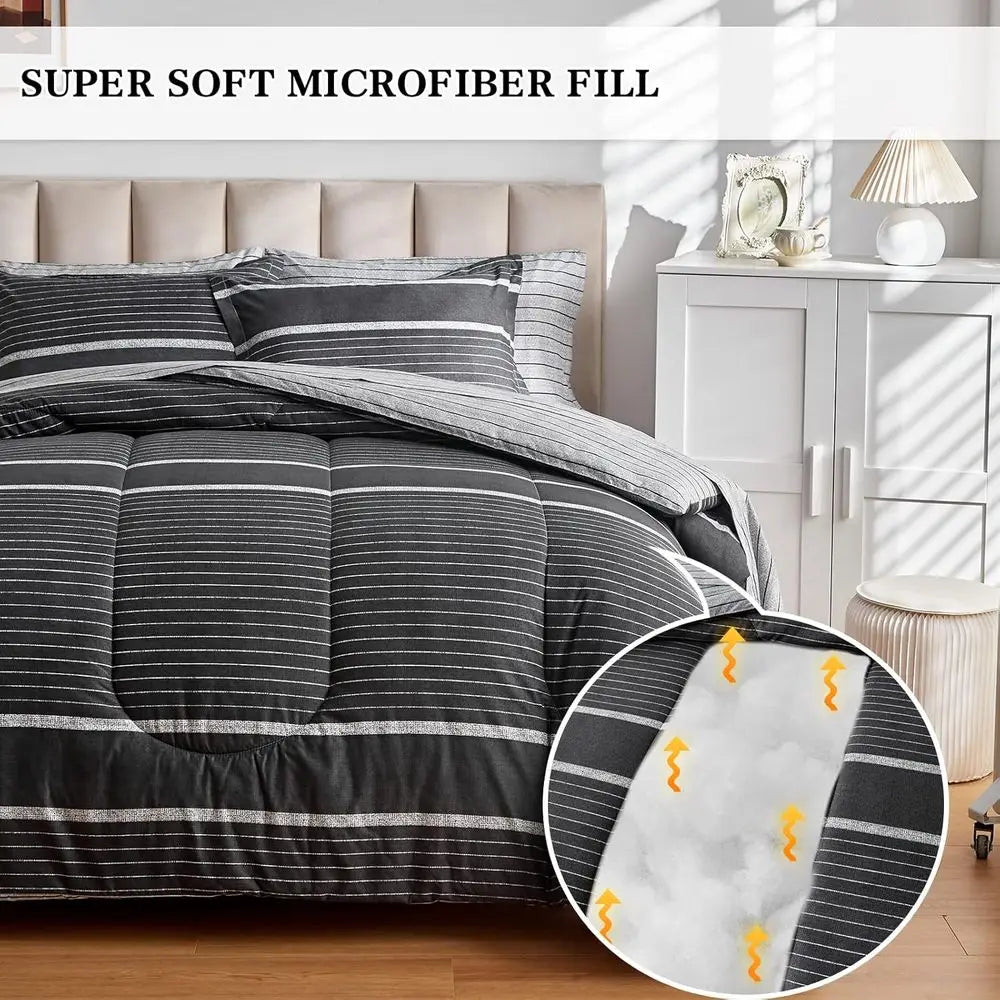 7-Piece Bohemian Striped Queen Bedding Set: White on Dark Gray Comforter with Sheets and Pillowcases