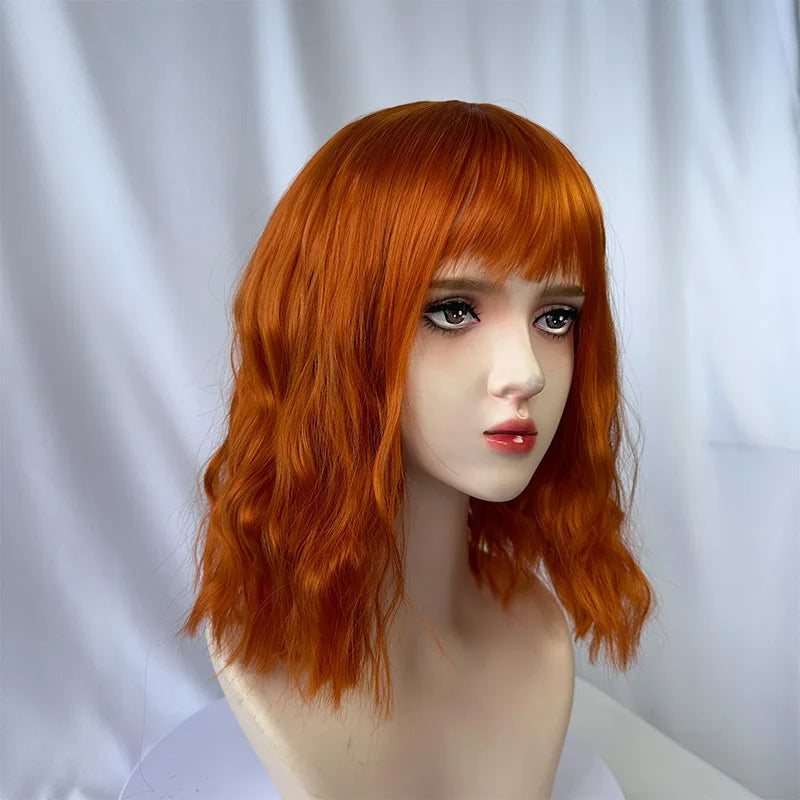 Fashionable orange synthetic wig female short curly hair wavy liu sea ripple cosplay party daily wear wig full head cover
