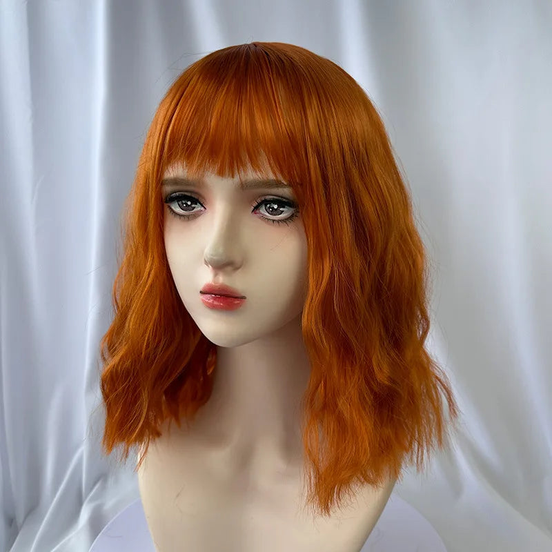 Fashionable orange synthetic wig female short curly hair wavy liu sea ripple cosplay party daily wear wig full head cover