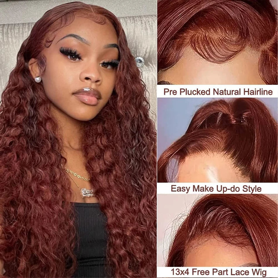Reddish Brown HD Lace Frontal Human Hair Wig 200 Density Colored Curly Wigs 13x6 Transparent Lace Water Deep Wave Frontal Wig