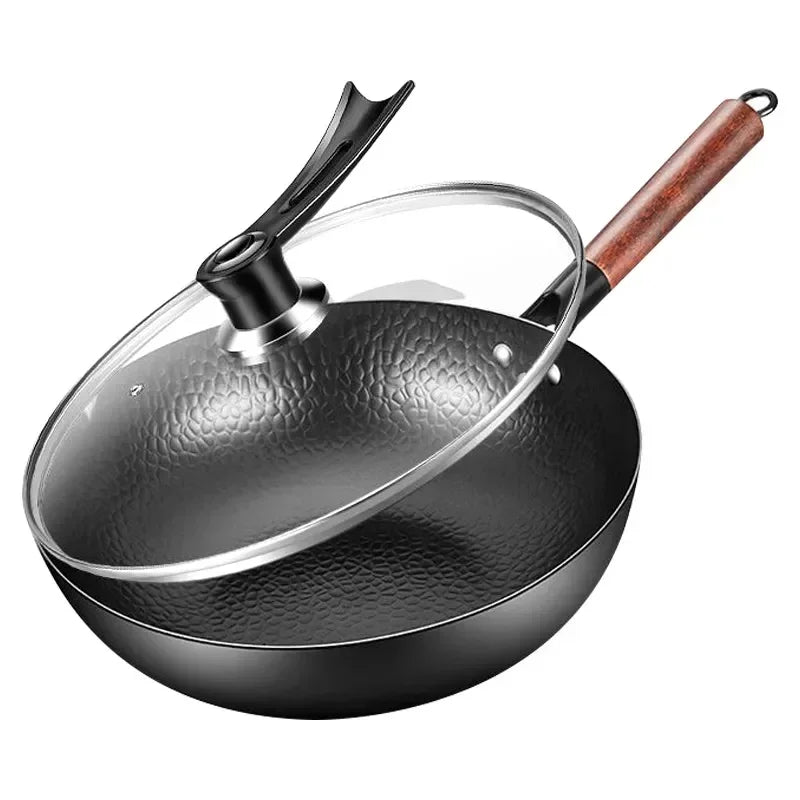 32cm Chinese Traditional Handmade 100% Iron Wok Thickening Non Coated Round Bottom Pan Wok Cook Large Cooking Pot with Wood Lid