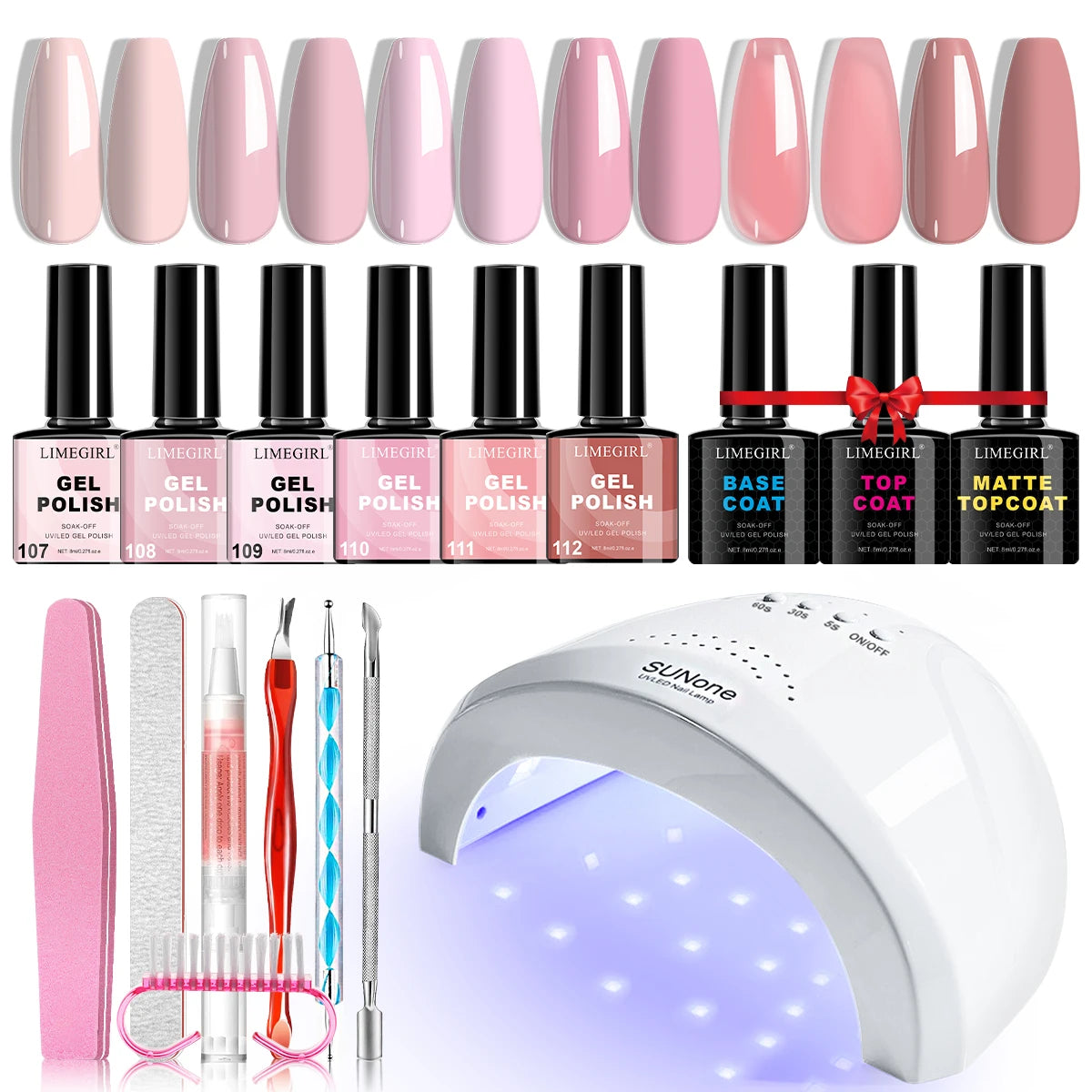 Gel Nail Polish Set for Beginner 6 PCS 8ML Glitter Art Gel Varnish with Base Coat Top Coat and UV Lamp for Manicure Salon Tools