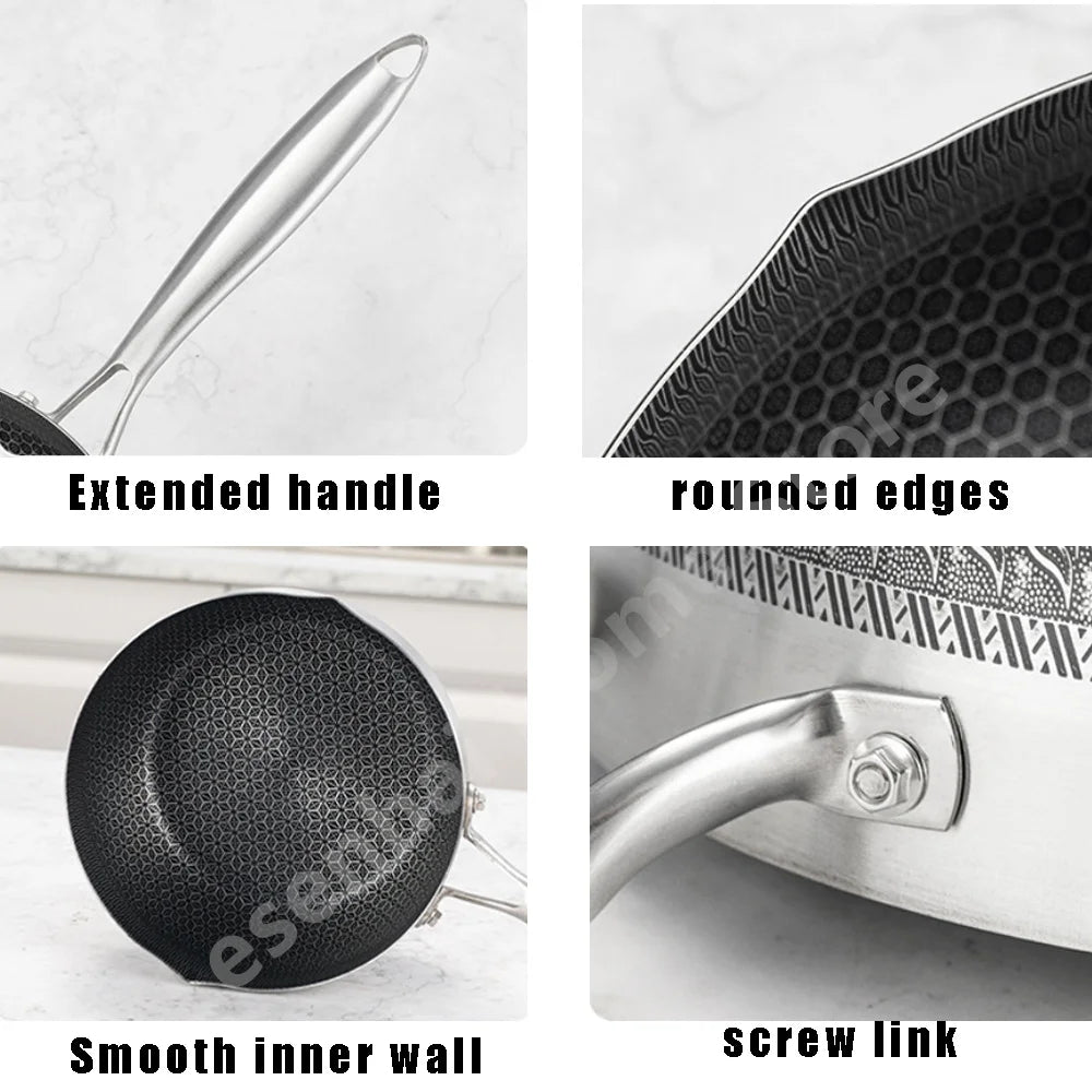 410 Stainless Steel Honeycomb Frying Pan Steak Cooking Non-Stick Pan Induction Cooker Universal Kitchen Cookware Flat Bottom Wok
