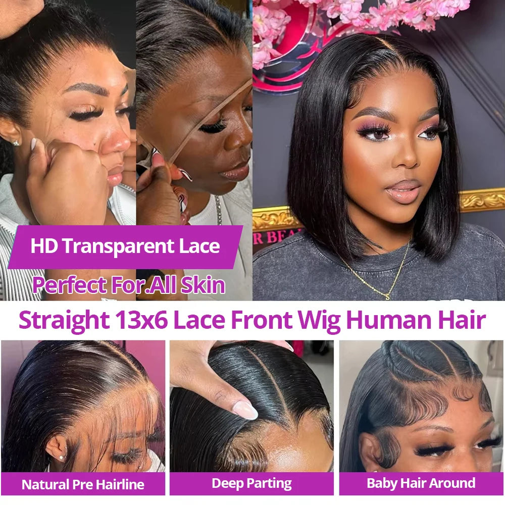 250% Density Bob Wigs Straight Glueless Human Hair Lace Front Wigs 13x4 Short Bob Brazilian Remy Hair Preplucked Lace Front Wigs