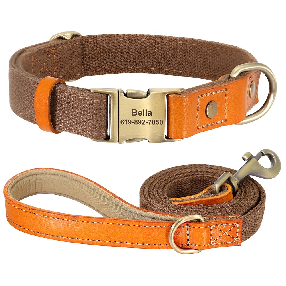 Personalized Dog Collar Leash Set Nylon Leather Dogs Necklace Customized Pet ID Tag Collars 5ft Walking Lead Rope For Dogs Pug