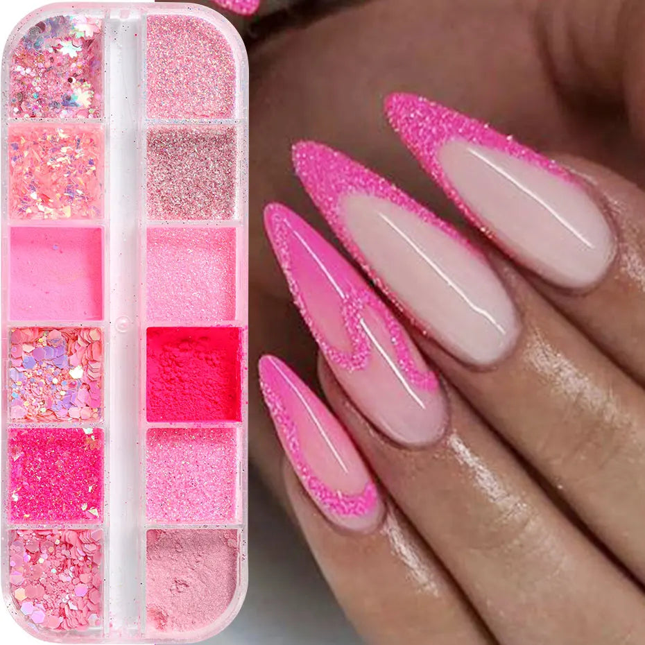 12Grid Pink Glitter Nail Powder Mixed Holographic Hexagon Irregular Flakes Sliced Sparkly Crystal Sequins Pigment Manicure Decor