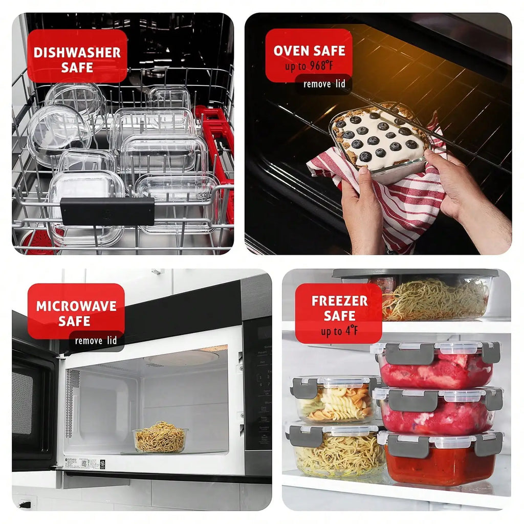12-piece set of glass food storage containers with lids, airtight leak-proof glass lunch boxes, various sizes and shapes