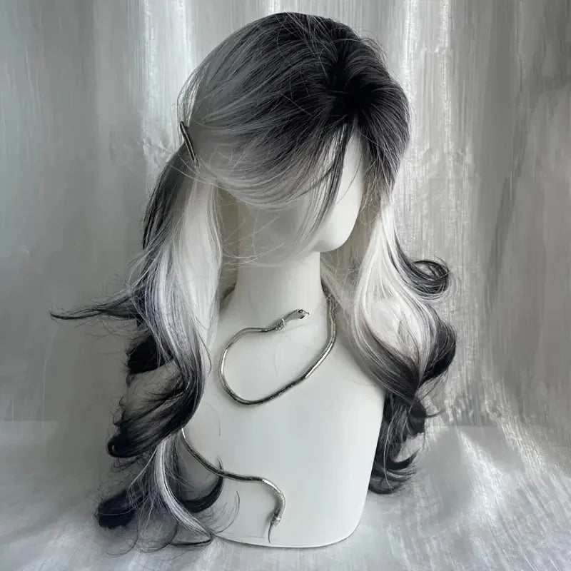 26-Inch Long Black And White Curly Waves Synthetic Hair Wig Soft Comfortable Rose Net for Everyday Parties Holidays