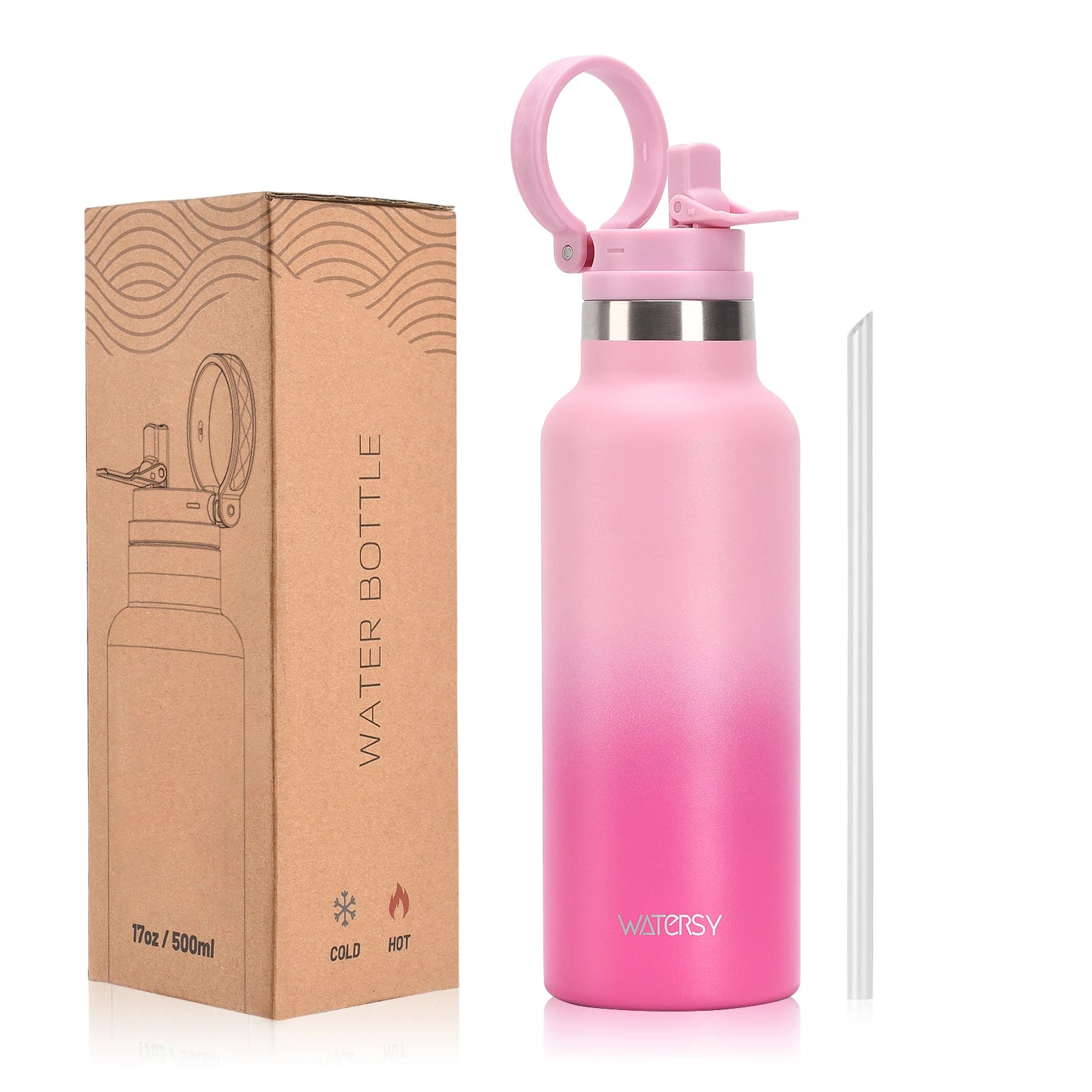 WATERSY 500ml Stainless Steel Water Bottle with Handle & Straw, Double Wall Insulated Thermal Cup, Vacuum Flask for Sports