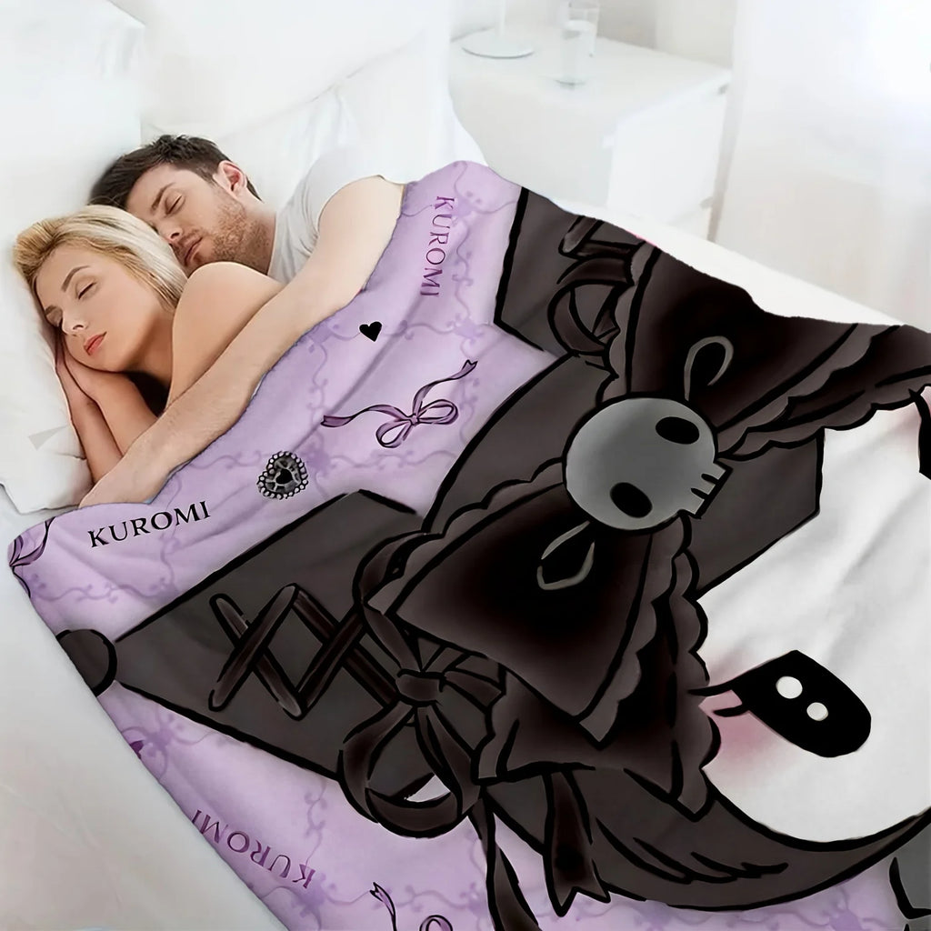 Sanrio Gothic Style Kuromi Flannel Blanket Towel Quilt 100 Polyester Soft Washable Lightweight Multi Purpose for Sofa Bed Office