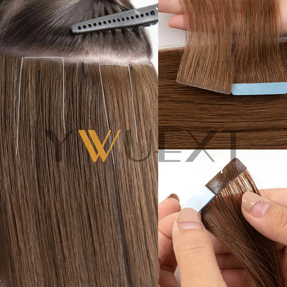 YWUEXT Invisible PU Skin Weft Hair Extensions Natural Straight Machine Remy Seamless Adhesive Tape In Human Hair 10pcs/pack