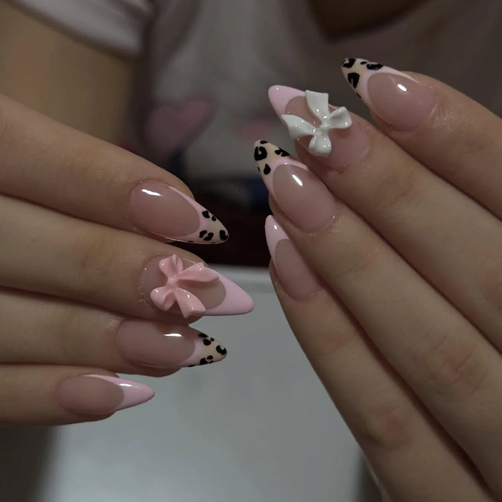 10Pcs Pink French Style Fake Nails 3D Bowknot Designs Short Square Press on Nails Sweet Korean Fashion False Nail for Women Girl
