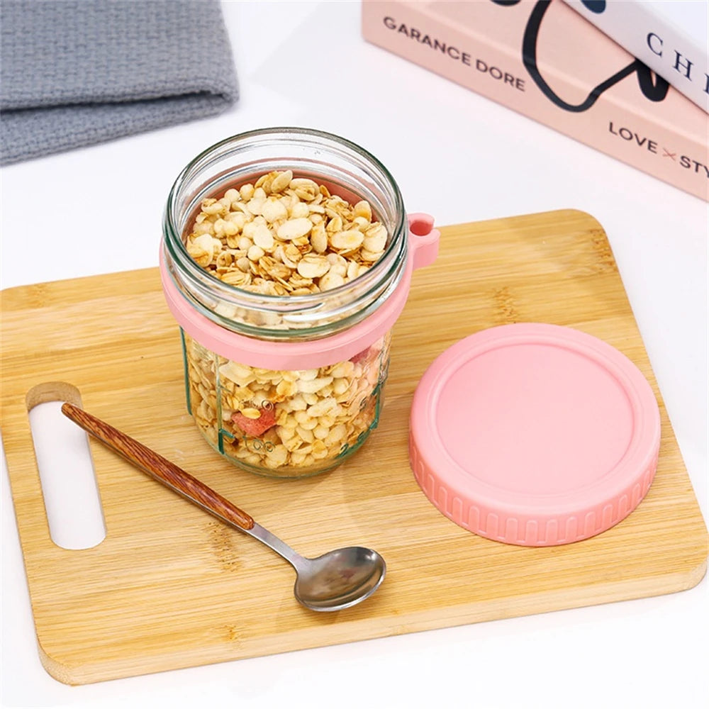 1Set Cup 350ML Overnight Oat Cup Glass With Lid And Spoon Seal Food Breakfast Cup Portable Cereal Milk Salad Yogurt Cup Kitchen