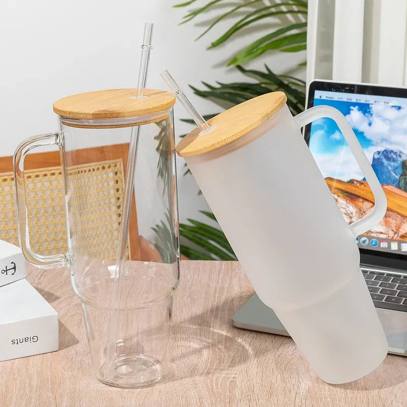 40OZ Glass Cup with Handle and Straw Lid Coffee Cup Reusable Transparent Bubble Tea Cup Juice Glass Beer Can Milk Mocha Cups