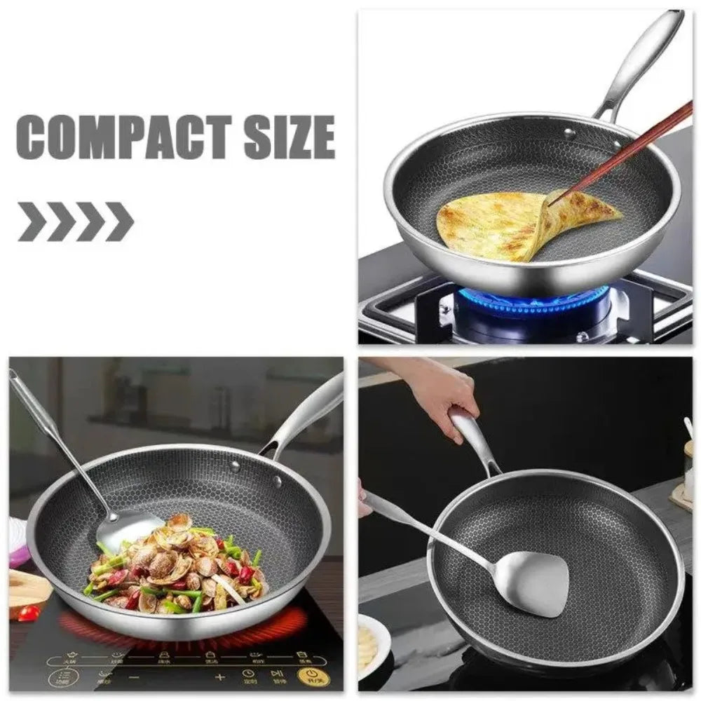 26/28/30cm Frying Pan Stainless Steel Honeycomb Pot Non-coated NonStick Pan Thickened Steak Cooking Pot Gas Induction Cooker