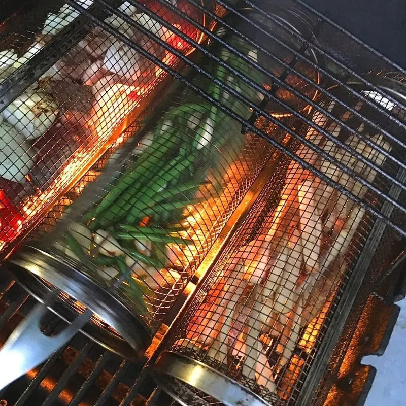 Circular Barbecue Cage, Outdoor Smoking Cage, Multifunctional Barbecue Net, Rotating Drum, Portable 304 Stainless Steel Rack