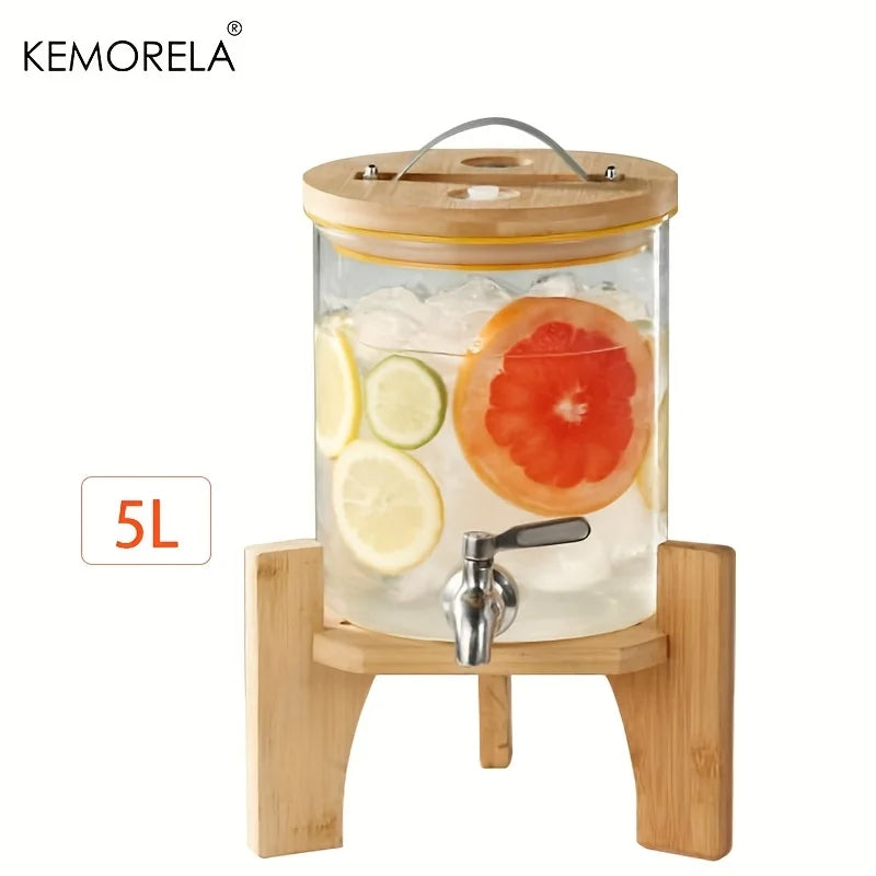 5L Glass Beverage Dispenser with Stand - Clear Drink Dispenser with Spigot Needed Durable Glass & Wood Base for Parties Bar