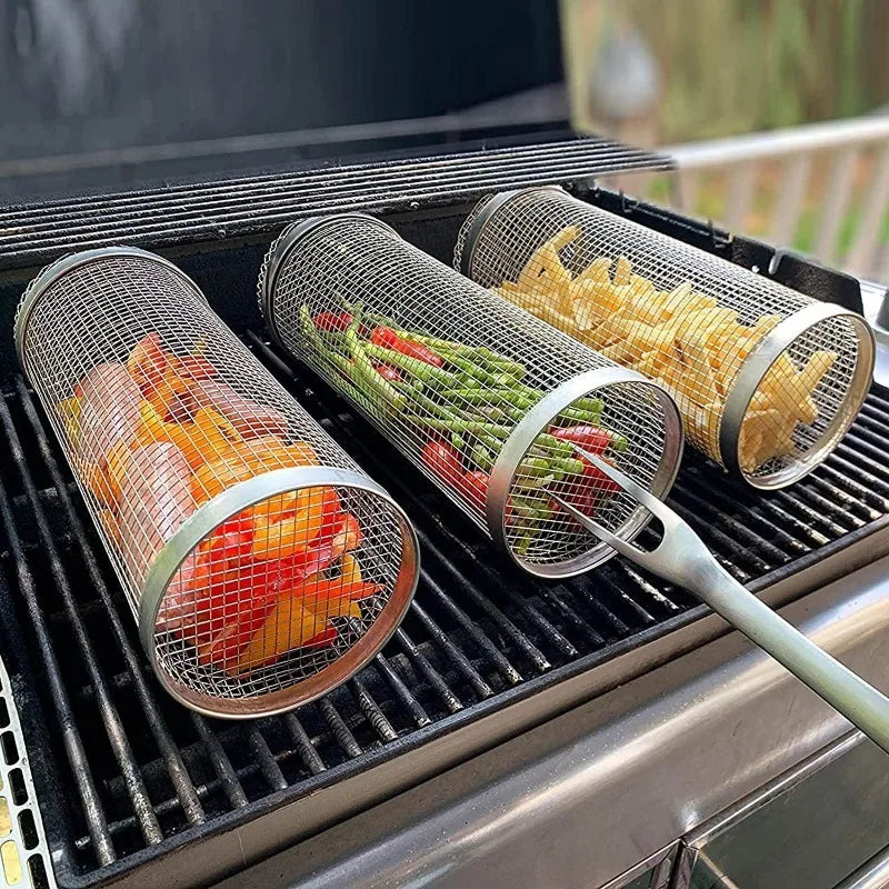 Circular Barbecue Cage, Outdoor Smoking Cage, Multifunctional Barbecue Net, Rotating Drum, Portable 304 Stainless Steel Rack