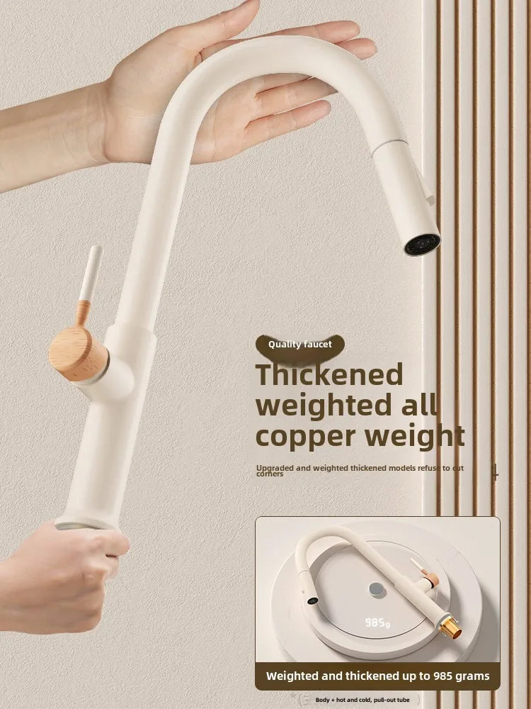 Wooden cream pull-out hot and cold all copper faucet, kitchen retractable rotating vegetable washing sink faucet