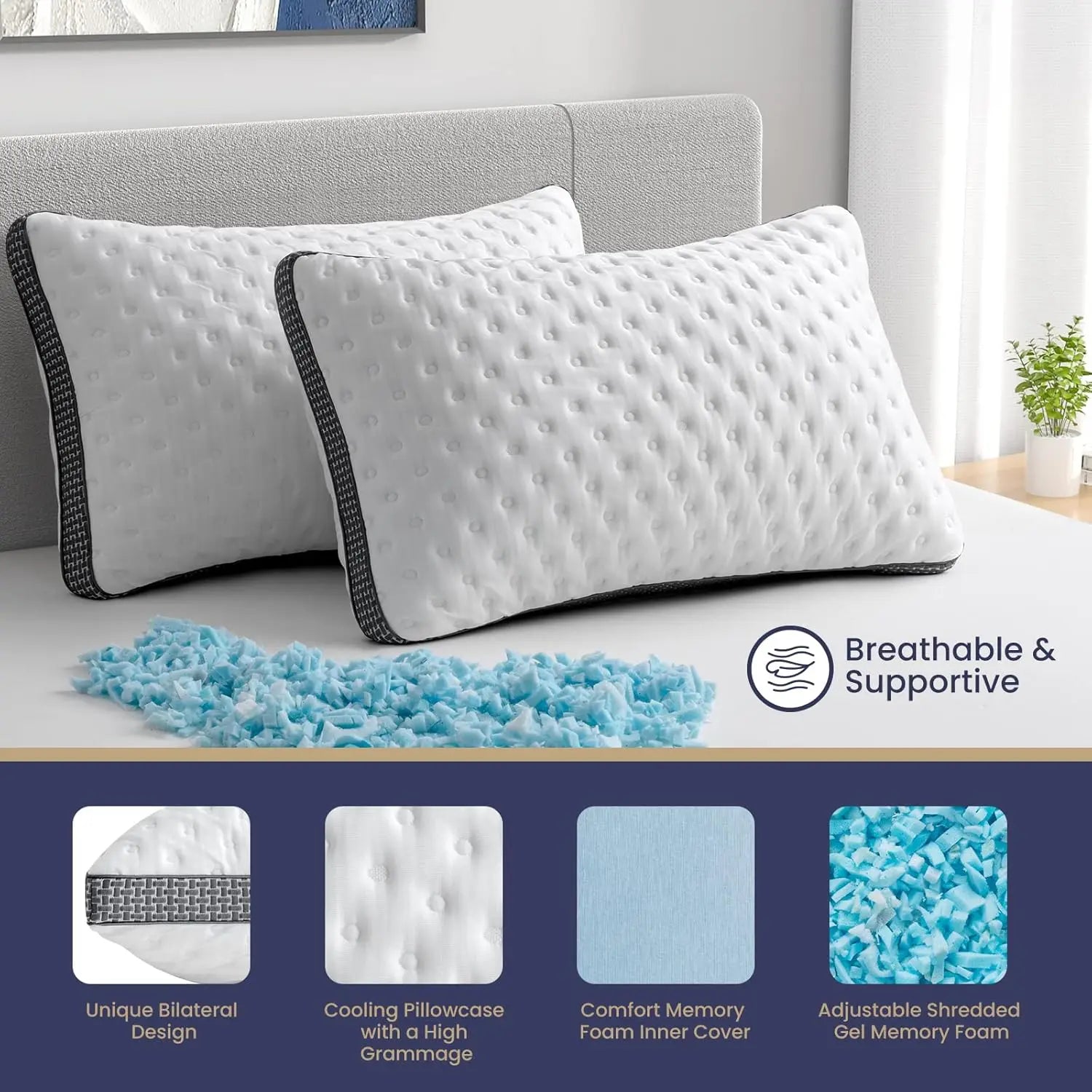 BedStory Cooling Pillow 1 Pack Q/K, Cooling Gel Memory Foam Bed Pillow, Medium Firm Pillow for Sleeping, CertiPUR-US Certified