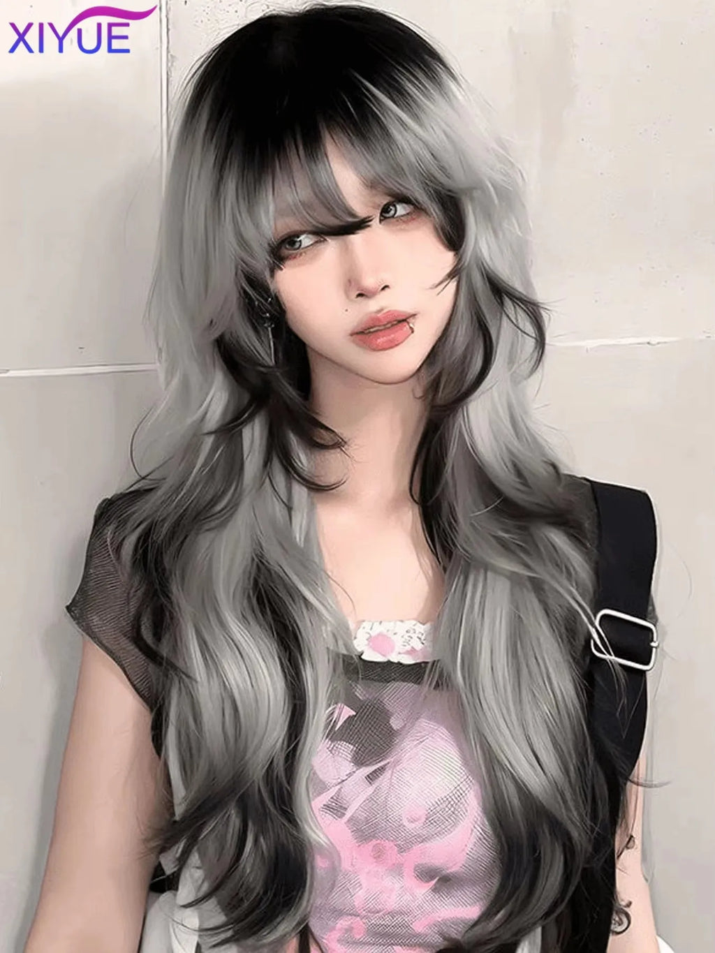 synthetic Long Body Wave Black And Gray Gradient Cosplay Wigs Heat Resistant Synthetic Wigs Bangs Natural Lolita Wigs For Women