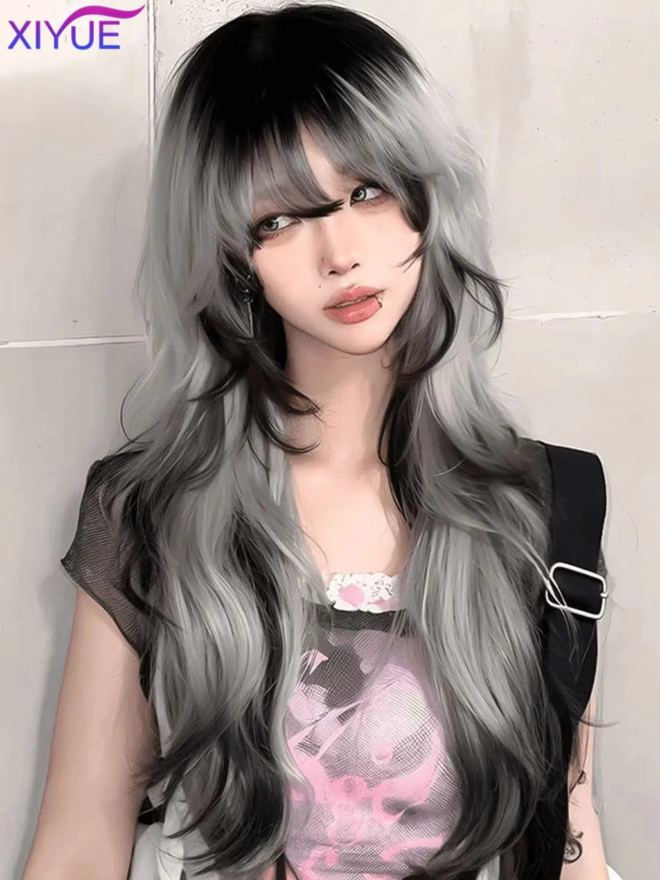 synthetic Long Body Wave Black And Gray Gradient Cosplay Wigs Heat Resistant Synthetic Wigs Bangs Natural Lolita Wigs For Women