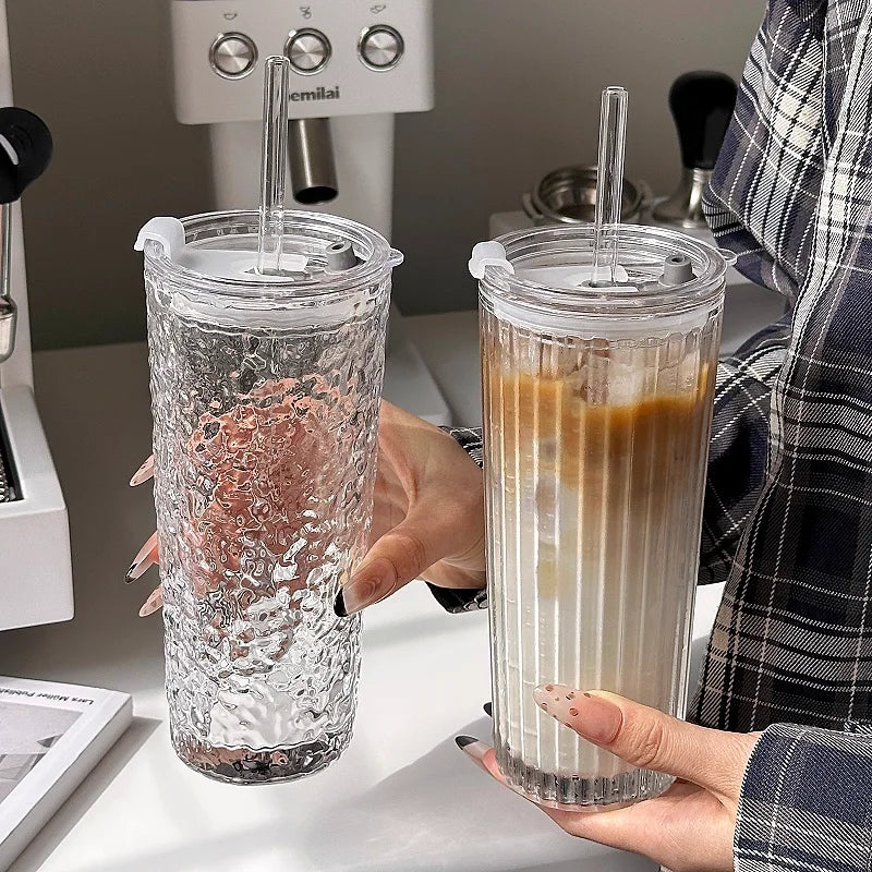 NEW Large-capacity glass cup, high appearance value, straw cup, with lid, suitable for iced Americano, latte, and juice