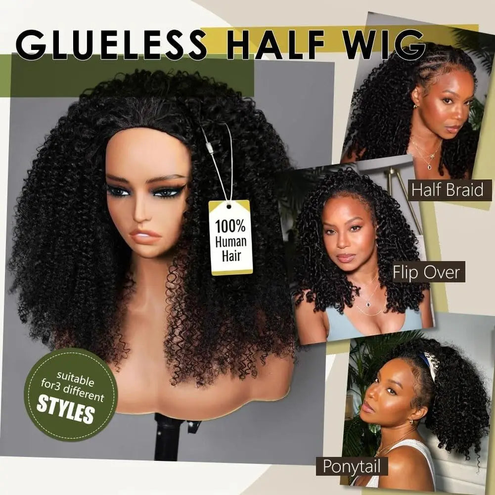 Kinky Curly Half Wig Human Hair 250 Density 3 In 1 Drawstring Seamless Flip Half Wigs Wear Go Glueless Wigs Human Hair 28 Inch C