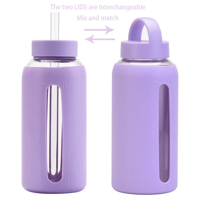 800ml Large Capacity Glass Cup, Double Lids,Silicone Sleeve,Anti-hot Heat Insulation,Outdoor Portable,Graduated Water Bottle,Mug