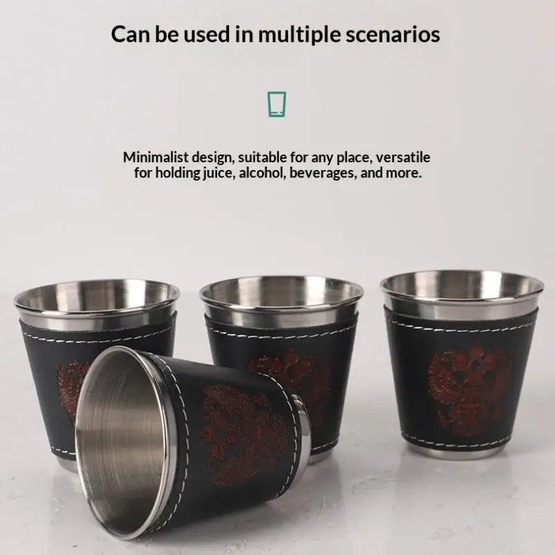 4Pcs/Set Travel Cups Stainless Steel Cup With PU Leather Portable Coffee Wine Beer Whisky Cup Camping Tableware Outdoor