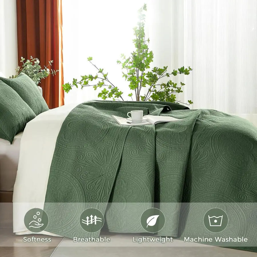King Cal King Quilt Set Olive Green,Ultrasonic Embossed Bedspread, Lightweight Microfiber Coverlet, Modern Thin Bedding Set for