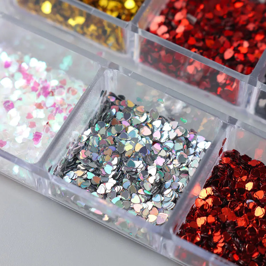 6 Grids Y2K Cute Heart Glitter Nail Sequins Kawaii Mini Golden Laser Silvery Love Nail Flake Korean Star DIY Nail Charm Supplies