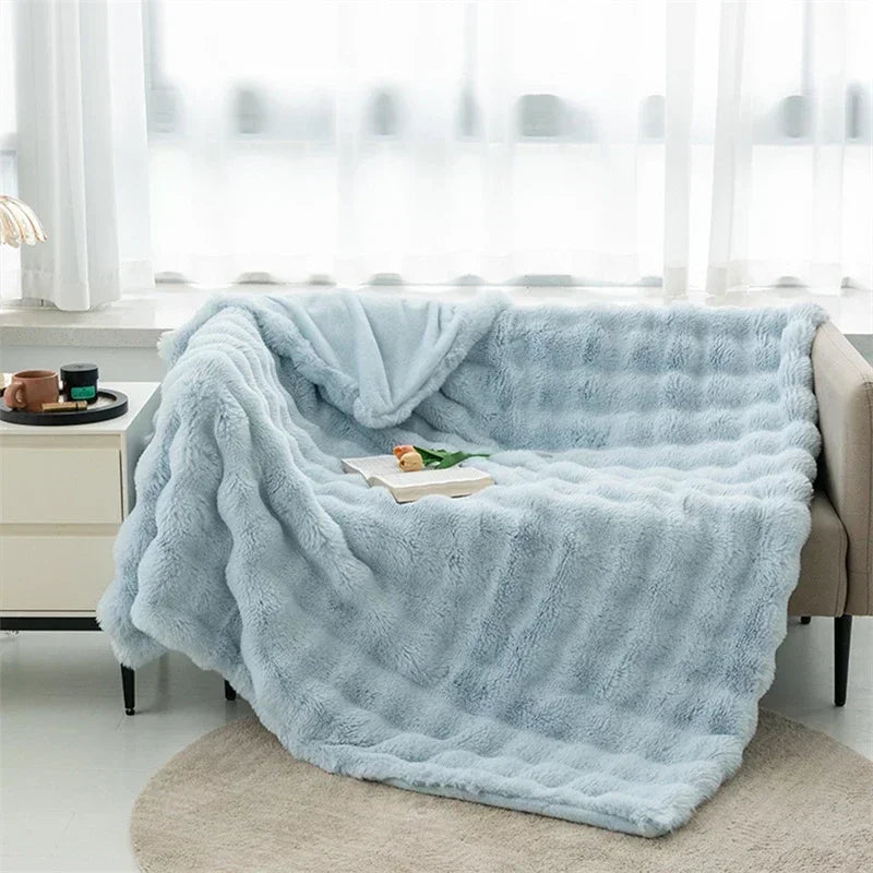 Cozy Rabbit Hair Bubble Velvet Blanket for Napping Soft Fuzzy Plush Bed Cover Sofa Throw Blanket All Season Warmth