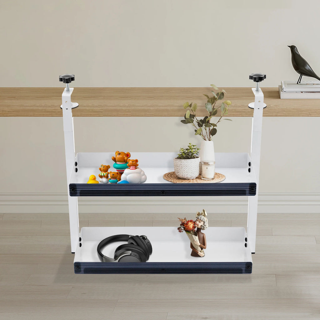 Clamp-on Desk Shelf, 2-Tier, Above or Under Table Corner Shelves Metal Organizer, White