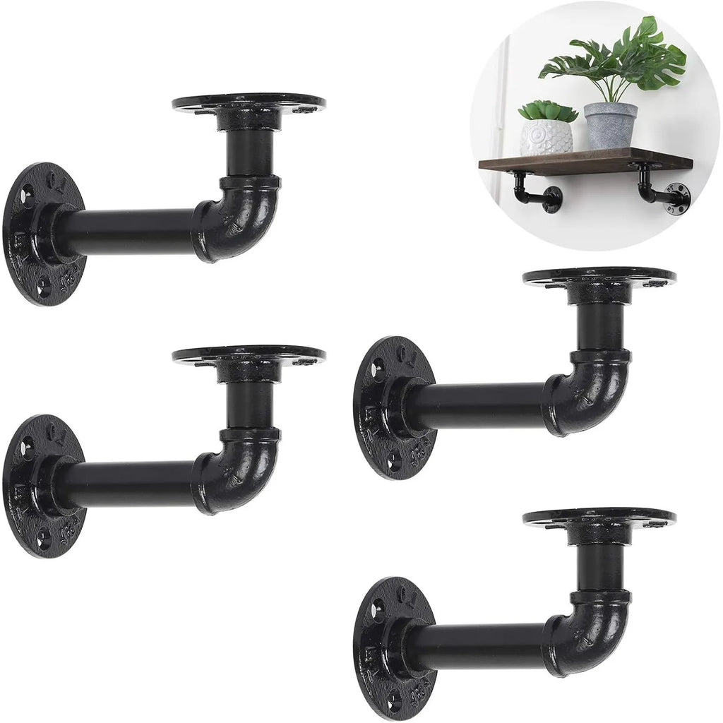 Industrial Iron Pipe Shelf Brackets 4-Pack - Heavy Duty Floating Shelves for DIY Wall Mount, Black