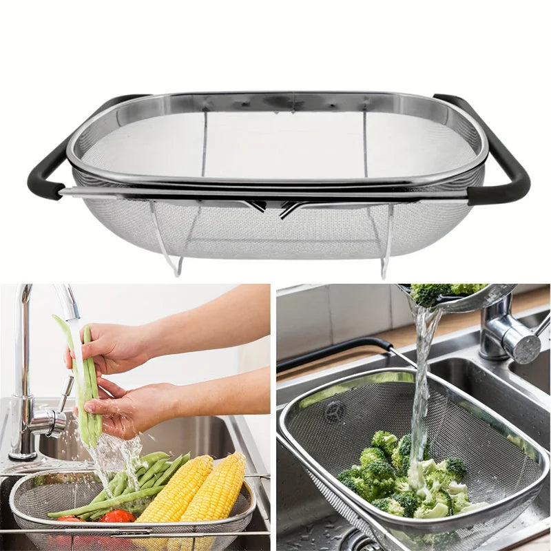 Stainless Steel Retractable Drain Basket Rubber Grip Handles Oval Colander Sink Vegetables Draining Rack Home Storage Basket