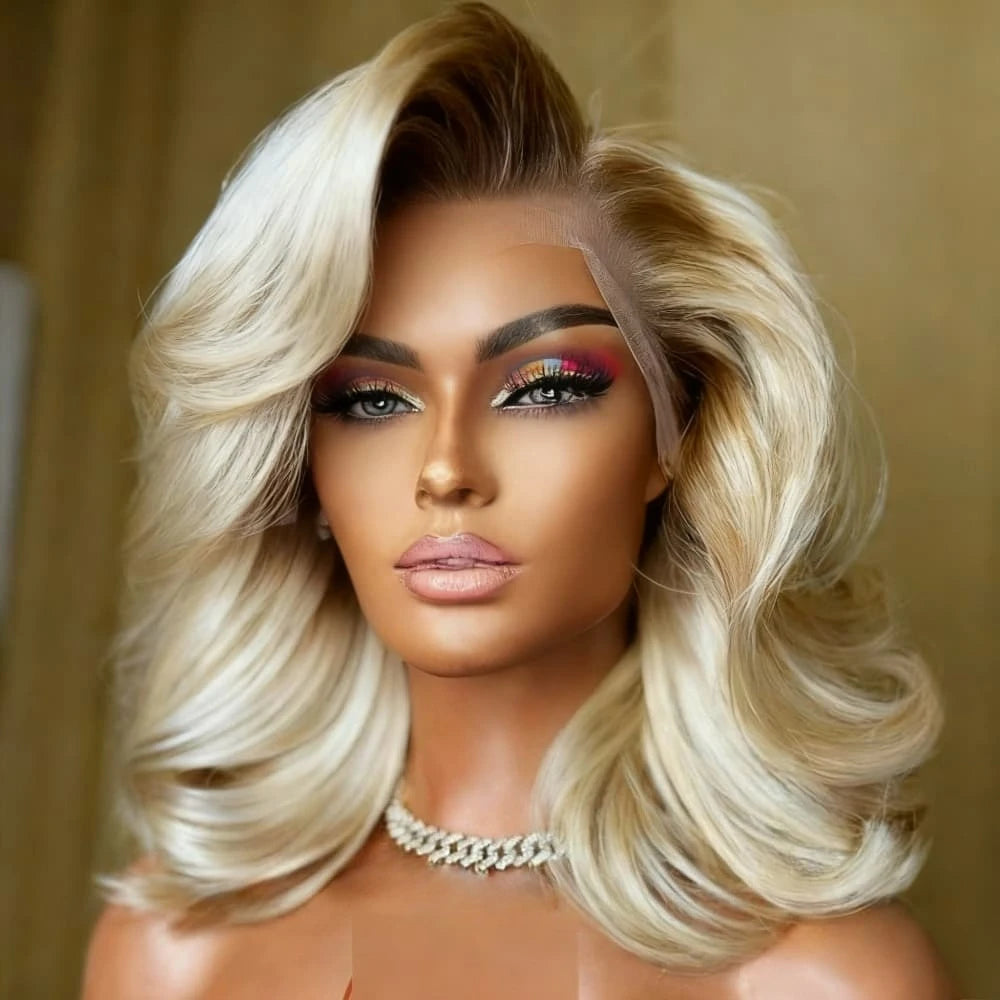 Short Bob Body Wave Lace Front Wigs Human Hair for Women 13x4 Hd Ombre Brown Roots Ash Blonde Lace Front Wigs 250% Density