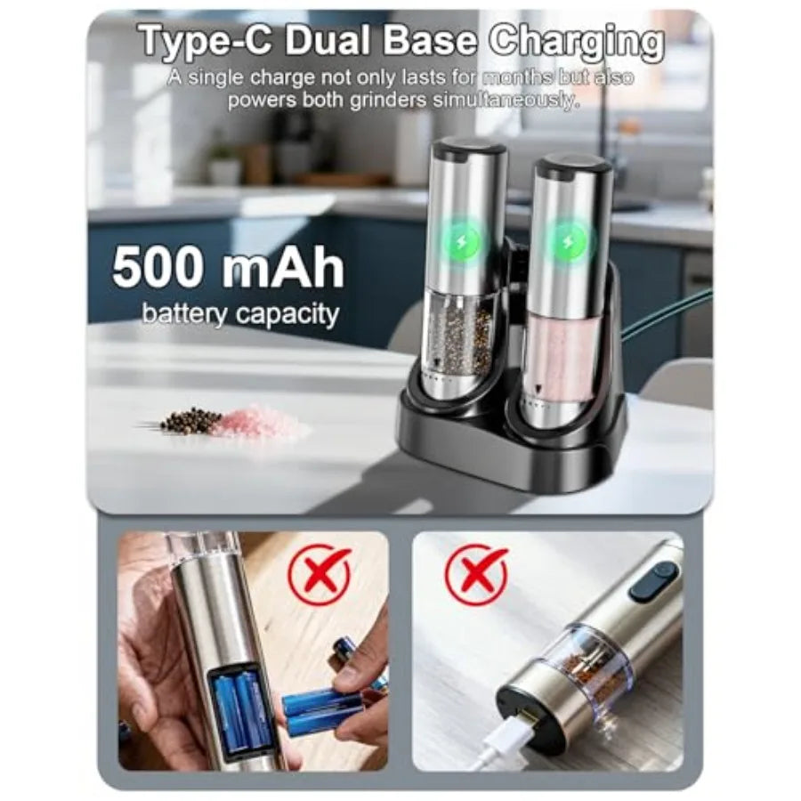 Electric Salt and Pepper Grinder Set with 6-Grind Settings and Anti-Misoperation Top Design Detachable Base and Transparent Con
