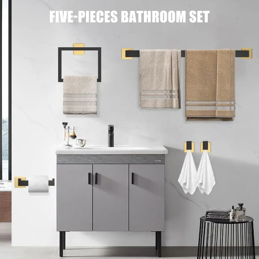 Piece Black and Gold Towel Bar Set Gold and Black Bathroom Accessories with 2 Towel Hook, Stainless Steel Wall Mounted Bathroom
