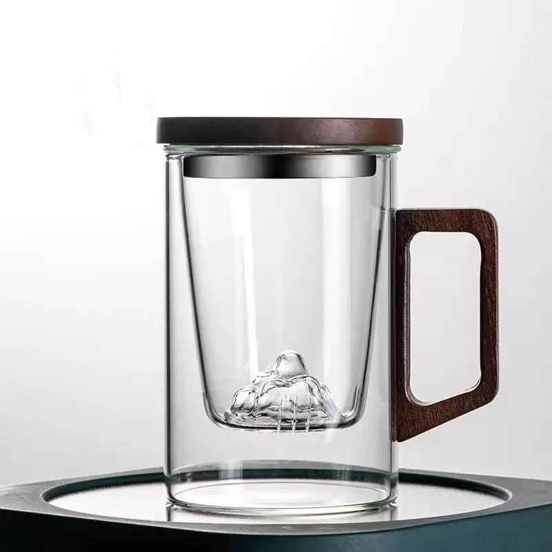 Clear Teacup with Filter, Heat-Resistant Glass Boiling Tea Cup, Office Mugs, Drinkware with Infuser, Teaware, Wood Handle